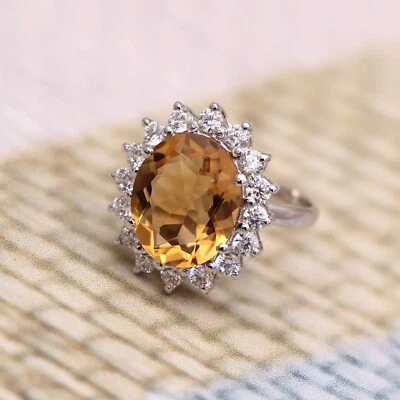 Anillo ajustable de topacio dorado de plata esterlina 925 con halo de circón citrino facetado para ella Foto 1 de 3