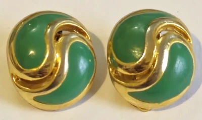 Vintage Gold Tone Metal Green Enamel Oval Shape Clip on Costume Fashion Earrings - Image 1 of 4