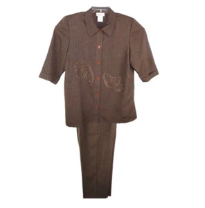 Pride & Joy 2-pc Top & Pants Set Brown Sze 14W Cuff-3/4 Sleeve Embroidery Outfit - Picture 1 of 15