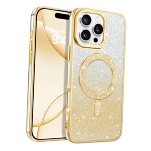 Magnet für iPhone 16 Pro Hülle, Clear Crystal Glitter Handyhülle Gold - Bild 1 von 8