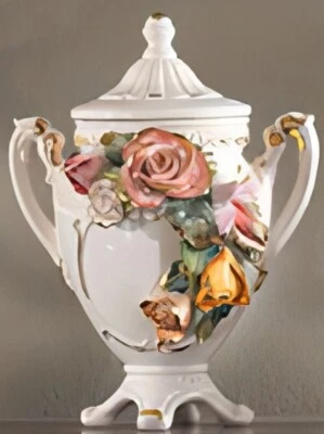Vase Mit Griffe Blumen Vasen Porzellan Capodimonte Ornament Potiche mit Deckel - Bild 1 von 4