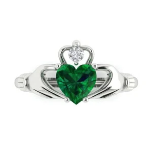 1.55 Irish Celtic Claddagh Emerald Bridal Wedding Engagement Ring 14k White Gold - Picture 1 of 11