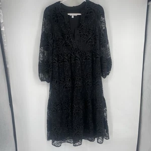 NEW Chico’s Medium Size 1 Black Embroidered Floral Lace Midi Dress Wedding Event - Picture 1 of 13