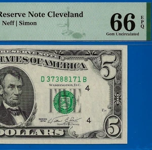 1974 $5 Federal Reserve Note PMG 66EPQ 3rd highest graded DB Block Fr 1973-D - Picture 1 of 4
