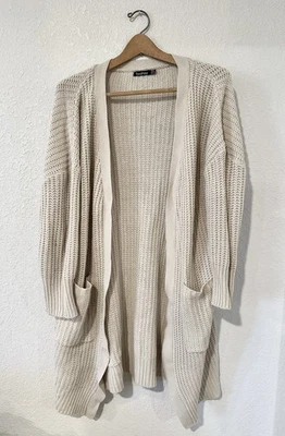 Boohoo Womens Cardigan Sweater Long Sleeve Beige Ribbed Knit Size 14 1X Plus - Image 1 of 4