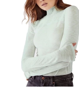 Free People Caroline Smocked Turtleneck Top Ice Aqua XS - Picture 1 of 7