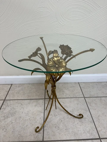 Vintage Italian Gilt Gold Flower Table With Glass Top Hollywood Regency Style Cover