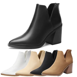Women Ankle Boots Chunky Block Heel Pointed Toe Back Zipper Short Booties - Picture 1 of 32