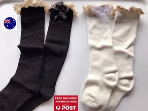 Girl KidS White Black School Dress Calf high Lace trim frilly long Socks tights - Picture 1 of 12