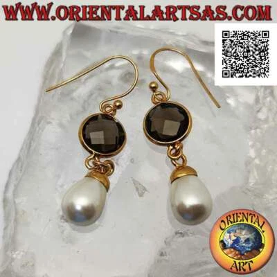 Orecchini Argento 925‰ placcati oro con topazio fumé tondo sfaccettato e perla p - Immagine 1 di 4