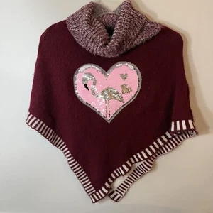 Melany Rose Girls Poncho Sweater Flamingo Hearts Sequins Turtleneck Soft Warm - Picture 1 of 7