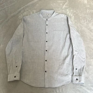 Reiss Men’s Cotton Textured Grandad Collar Shirt Grey White Size Large Slim Fit - Picture 1 of 14