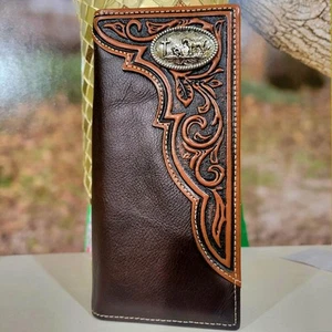 Praying Cowboy Men's Wallet Genuine leather cowboy rodeo Western tooled floral  - Picture 1 of 8
