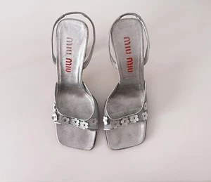 Miu Miu Vintage 1999 Metallic Silver Mesh Daisy Slingback Y2K Sandal Heels Sz 40 - Picture 1 of 9