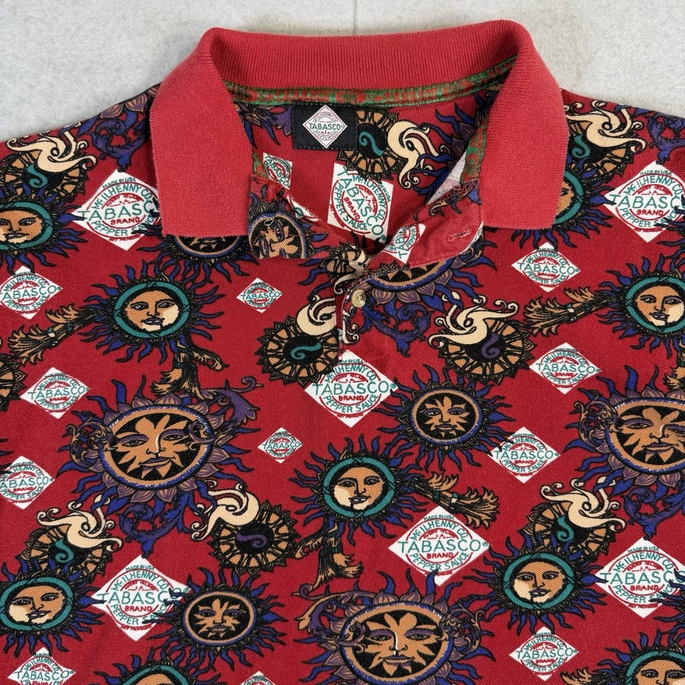 Винтажная мужская рубашка-поло Tabasco Hot Sauce большой размер* Red Sun Moon Faces AOP 90-е - Изображение 1 из 4