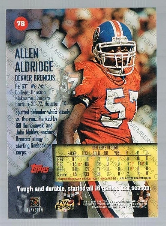 97 TSC Members Only ALLEN ALDRIDGE #78 Broncos  Houston - Image 1 of 1