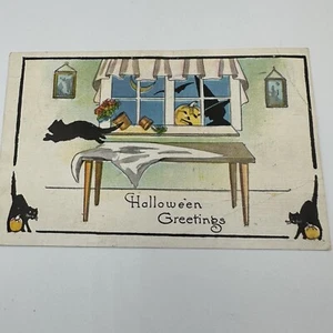 Halloween Postkarte Fantasy schwarze Katzen Fenster Hexe Mondsichel Serie 412 - Bild 1 von 4