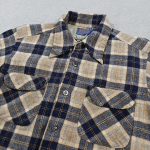 Vintage Pendleton Board Shirt Large Blue Tan Loop Collar 60s Plaid Wool Flannel - Picture 1 of 24