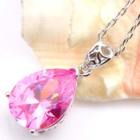 Romantic Holiday Gift Natural Pink Topaz Kunzite Solid Silver Necklace Pendants