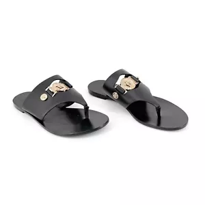 Versace Medusa Cutout Thong Sandals EU 37.5 US 7.5 Black Leather Flat Flip Flop - Picture 1 of 13