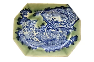 Antique Chinese Porcelain Plate Celadon Blue Scenic Design Octagonal Circa 1890 - Picture 1 of 9