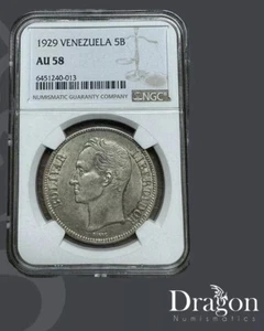1929 Venezuela 5 Bolívares Silver Coin NGC AU58 Normal Date🐉 - Picture 1 of 6