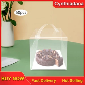 50 Pcs Clear Cake Boxes Plastic Cake Carrier with Lid and Handle 13*13*13cm New - Picture 1 of 14