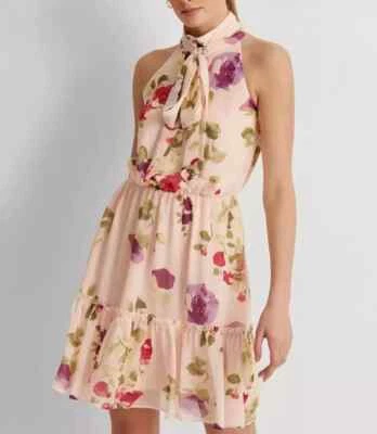 NUEVO CON ETIQUETAS $165 Vestido Lauren Ralph Lauren Estampado Floral Georgette Sin Mangas Talla 12 Rosa Foto 1 de 4
