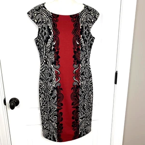 Maggie London Sheath Dress Women’s 8 Cap Sleeve Red Black WorkWear Stretch Lined - Picture 1 of 7