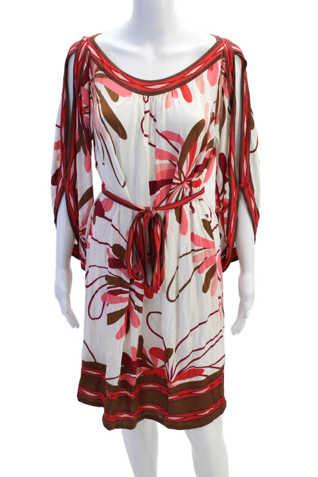 BCBG Max Azria 女式花卉印花腰带连衣裙白色粉红色中号 — 第 1/4 张图片