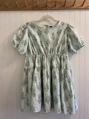 Vestido Tea Collection manga curta linho algodão azul água floral Cottagecore 16 - Imagem 1 de 4