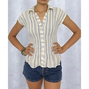 Blusa Costera de Verano Anthropologie Maeve Rayas Acanaladas Algodón Mezcla Lino M - Imagen 1 de 7