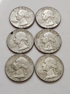 (6) Cuartos de galón Washington D 1964 25c 90 % plata (W3) Foto 1 de 2