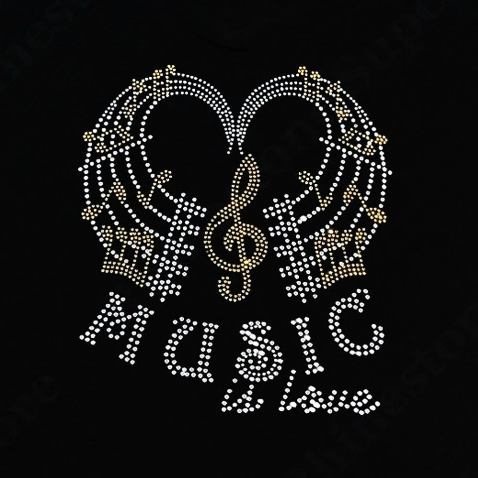 Rhinestone Transfer " Music is Love with Music Notes " Hotfix, Iron On, DIY - Изображение 1 из 1