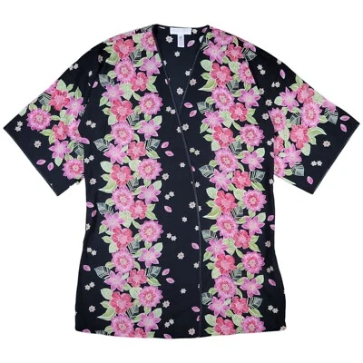 Oscar De La Renta Rosa Etiqueta Bata Mujer Mediana Negra Floral Kimono Prendas para Dormir Foto 1 de 4