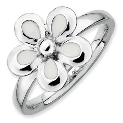Anel de flores esmaltadas brancas polidas empilháveis de prata esterlina 925 tamanho 7 - Imagem 1 de 3