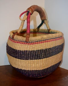 VTG AFRICAN GHANA BOLGA Basket Hand Woven Leather Handle Market Basket - Picture 1 of 11