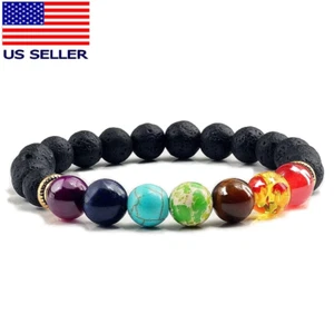 7 Chakra Healing Bracelet Volcanic Lava Stone Mala Meditation Beads - Picture 1 of 8