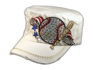 Baseball and Bat on White Cadet Cap Vintage Hat Distressed Visor - Picture 1 of 4
