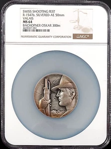 Swiss Shooting Fest Medal, R-1547b, Silvered-AE, 50 mm, Valais, MS 64 by NGC! - Picture 1 of 7
