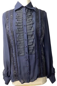 Carolina Herrera Women’s Navy Silk Blouse Sz 12 Black Pleats And Black Lace - Picture 1 of 9