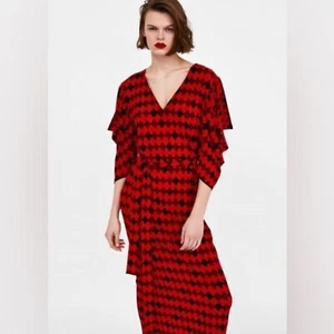 NWT ZARA Geometric Print Red Midi/Maxi Belted Kimono Dress Size Medium - Picture 1 of 13