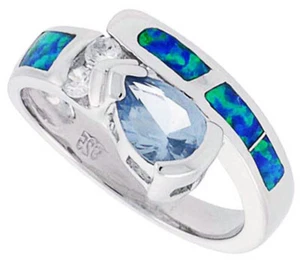 Fine Women Silver Rhodium Plated Opal Inlay Ring Pear Shape Light Blue CZ 10mm - Picture 1 of 1