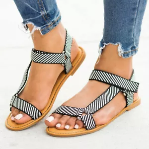 New Women's Open Toe Hook&Loop Triangle Ring Ankle Strap Flat Gladiator Sandals - Picture 1 of 18