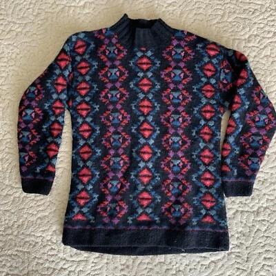 复古 LL Bean 女式大号 100% 羊毛 80 年代阿兹特克图案针织毛衣黑色 — 第 1/4 张图片