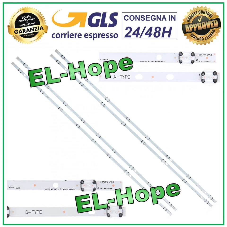 KIT 4 BARRE STRIP LED PER TV 43" TELEFUNKEN TE43268 / TE434 / TE43202 / TE43292S