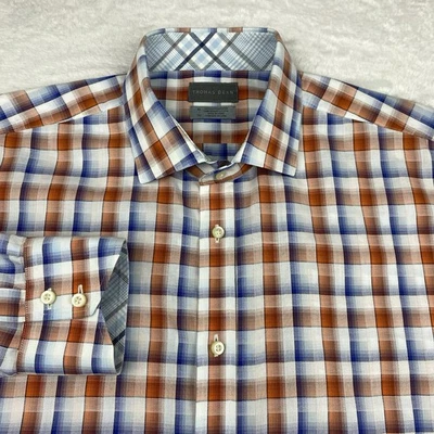 Camisa social masculina Thomas Dean XL azul/laranja/branco xadrez punhos flip 100% algodão - Imagem 1 de 4