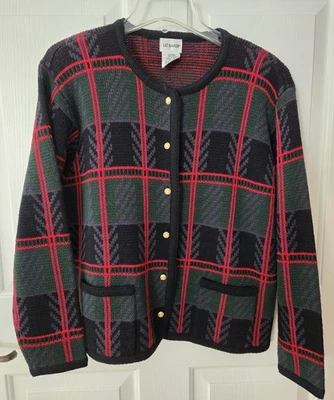 Cárdigan Liz Baker L Verde Azul Negro Cuadros Latón Botones Preppy Dinero Antiguo  Foto 1 de 4