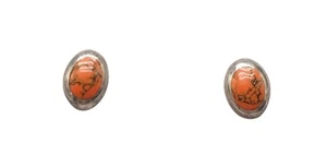 Sterling Silver Taxco Orange Jasper Oval Stud Earrings Vintage - Picture 1 of 5
