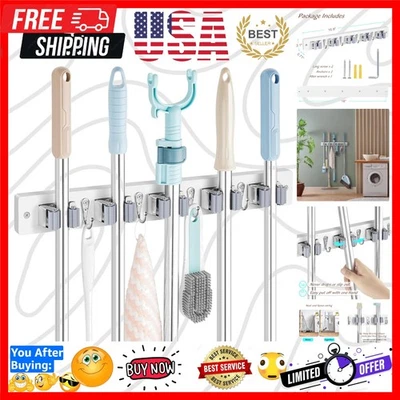 Rust-Resistant White Broom and Mop Holder with 5 Slots for Neat Storage - Изображение 1 из 4